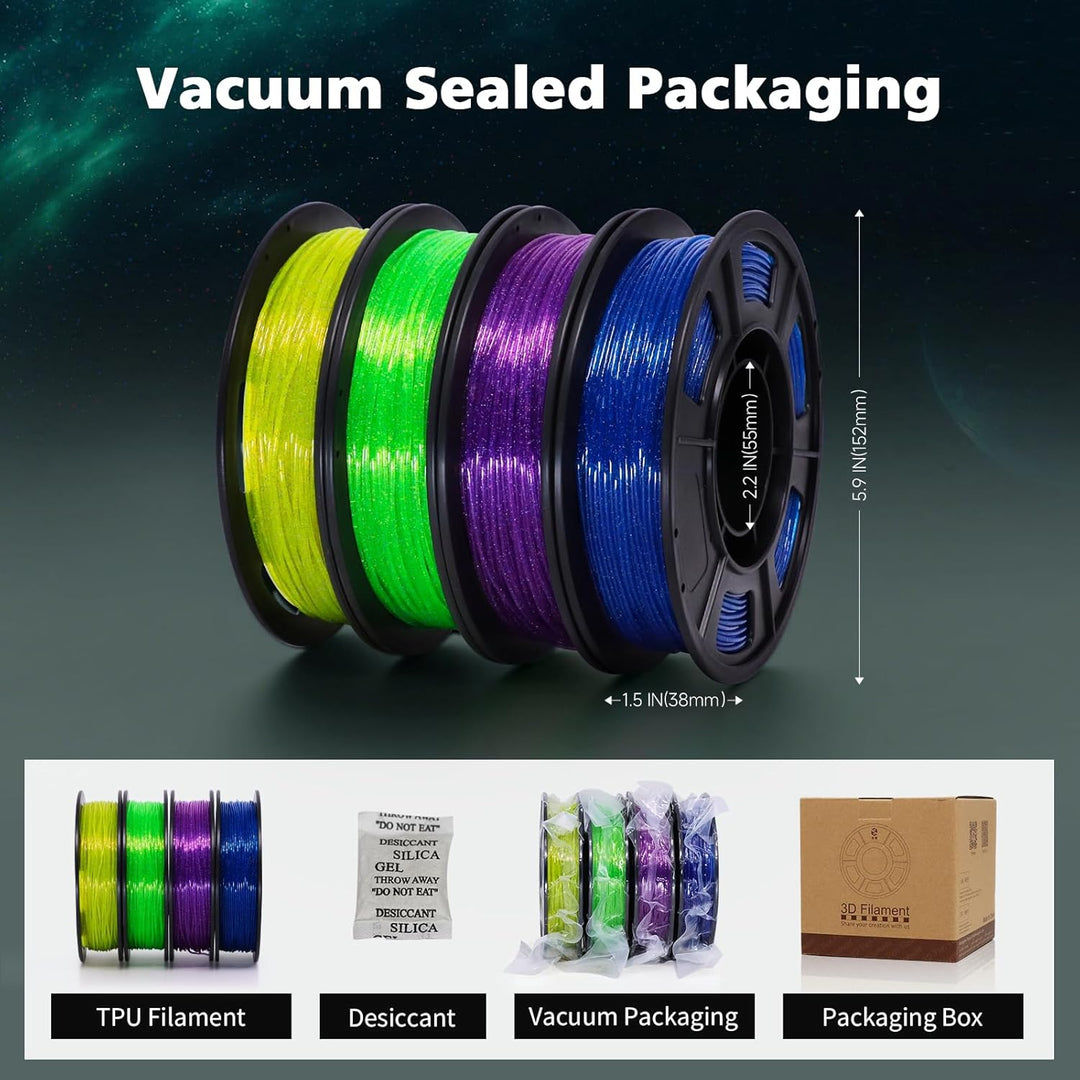 YOUSU TPU-Filament 1,75 mm, transparentes Galaxy-TPU (Gelb, Grün, Blau, Lila) A2-Galaxie Glitzer TPU