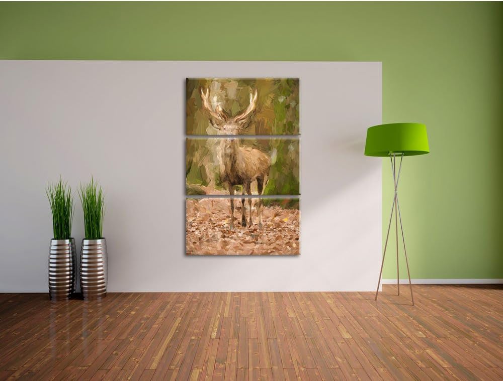 Pixxprint Schöner Hirsch im Wald Pinsel Effekt 3-Teiler Leinwandbild 120x80 Bild auf Leinwand