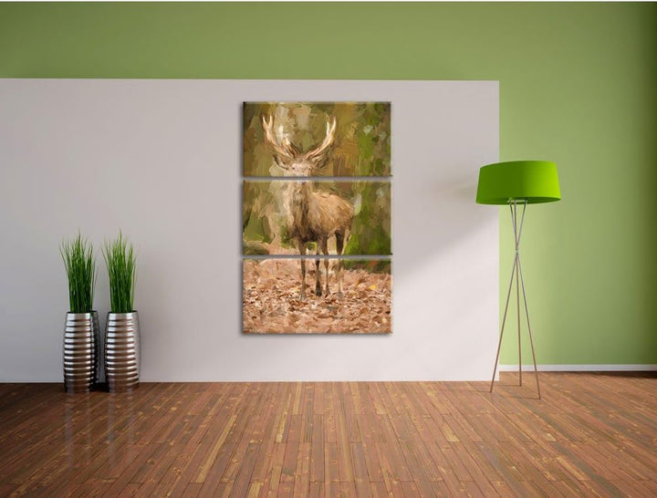 Pixxprint Schöner Hirsch im Wald Pinsel Effekt 3-Teiler Leinwandbild 120x80 Bild auf Leinwand
