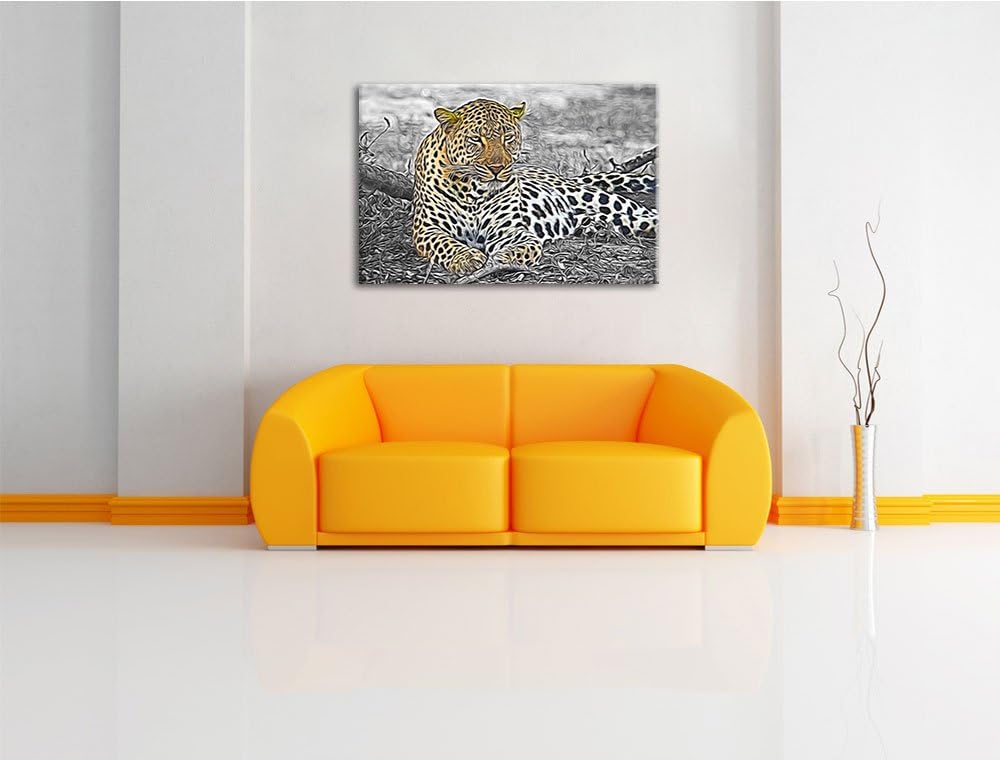 schöner Leopard liegt im Laub schwarz/weiss Deluxe Format: 100x70 cm auf Leinwand, XXL riesige Bilde