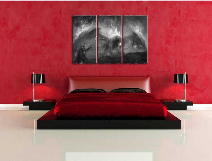 Pixxprint Ritter Drachen als Leinwandbild/Grösse: 3 Teilig (120x80) cm/Wandbild/Kunstdruck/fertig be