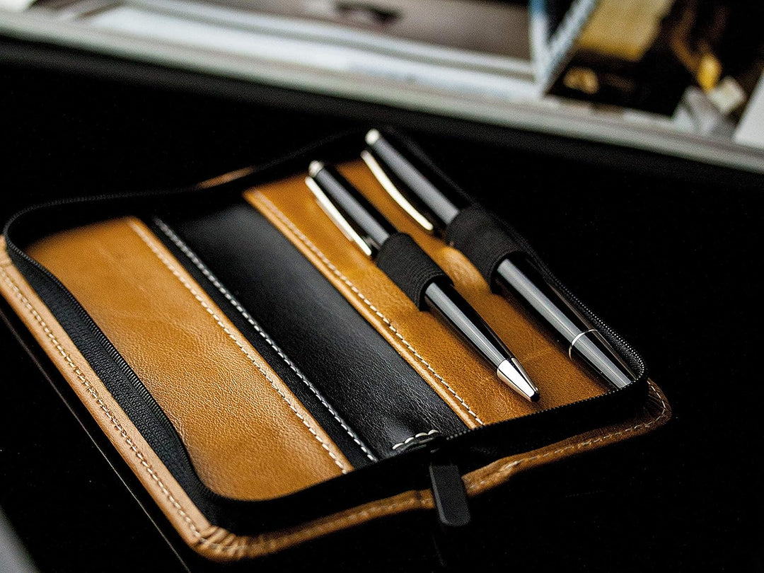 DELMON VARONE - Personalisierbares Schreibgeräteetui aus Vintage Anilin Leder braun, Echtleder Stift