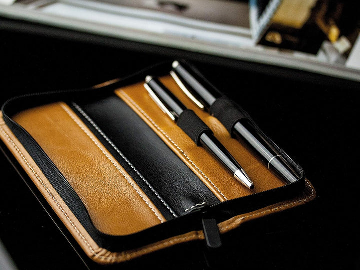 DELMON VARONE - Personalisierbares Schreibgeräteetui aus Vintage Anilin Leder braun, Echtleder Stift