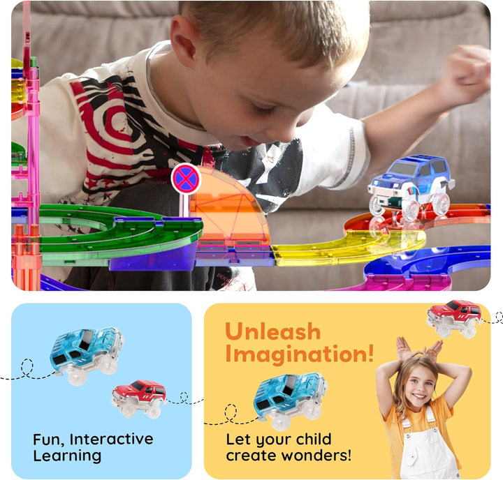 PicassoTiles 100 PCs Race Car Track Set Magnetic Toy Building Block with 2 LED Cars with Height Adju