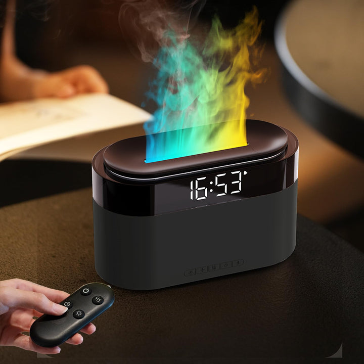 Flammen Aroma Diffuser mit Lichtwecker,Diffuser Ätherische Öle mit Fernbedienung,Wecker mit Licht,Lu