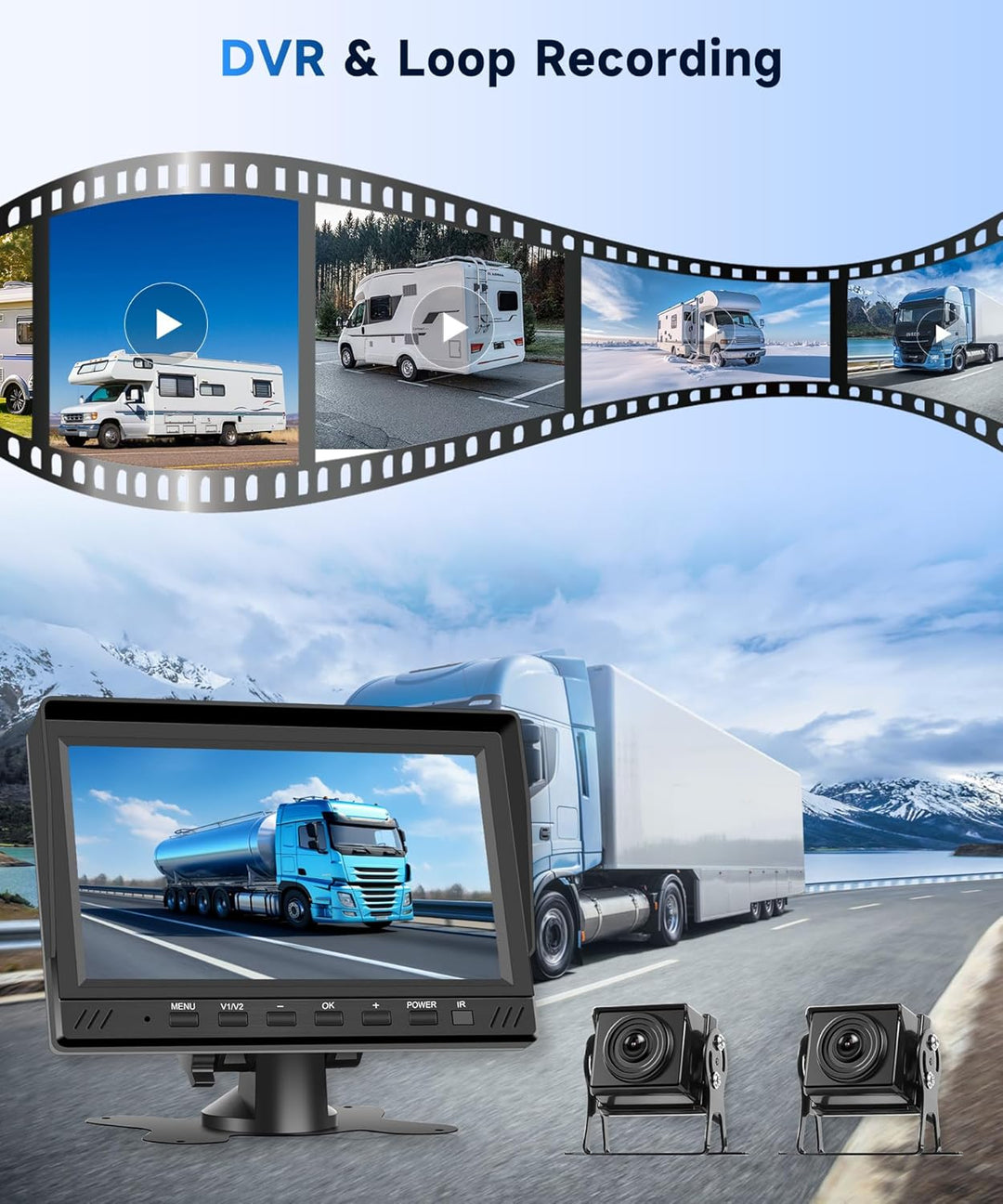 Rimoody Rückfahrkamera Set, 7 Zoll IPS Monitor mit 2 Rückfahrkameras 15m+10m Kabel, DVR, Loop Video,
