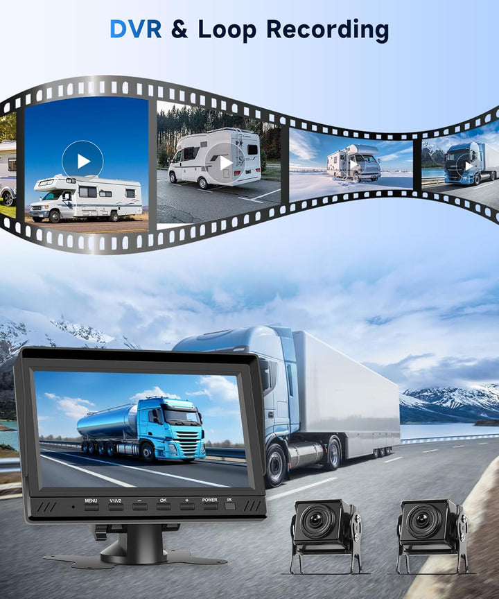 Rimoody Rückfahrkamera Set, 7 Zoll IPS Monitor mit 2 Rückfahrkameras 15m+10m Kabel, DVR, Loop Video,