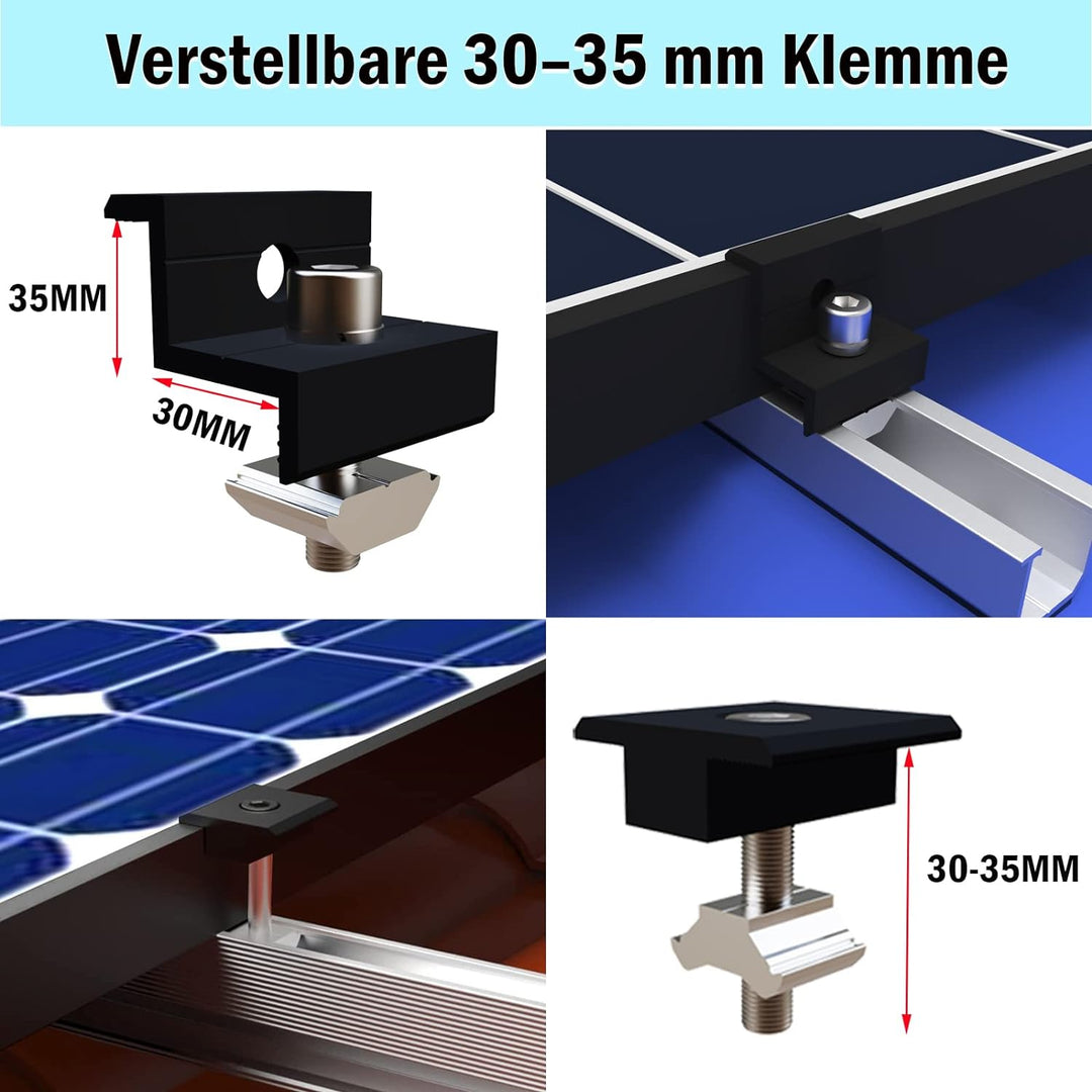 Solarmodul Halterung Flachdach, Alu Photovoltaik Montageschiene 12CM, Verstellbare Schwarz Klemme fü