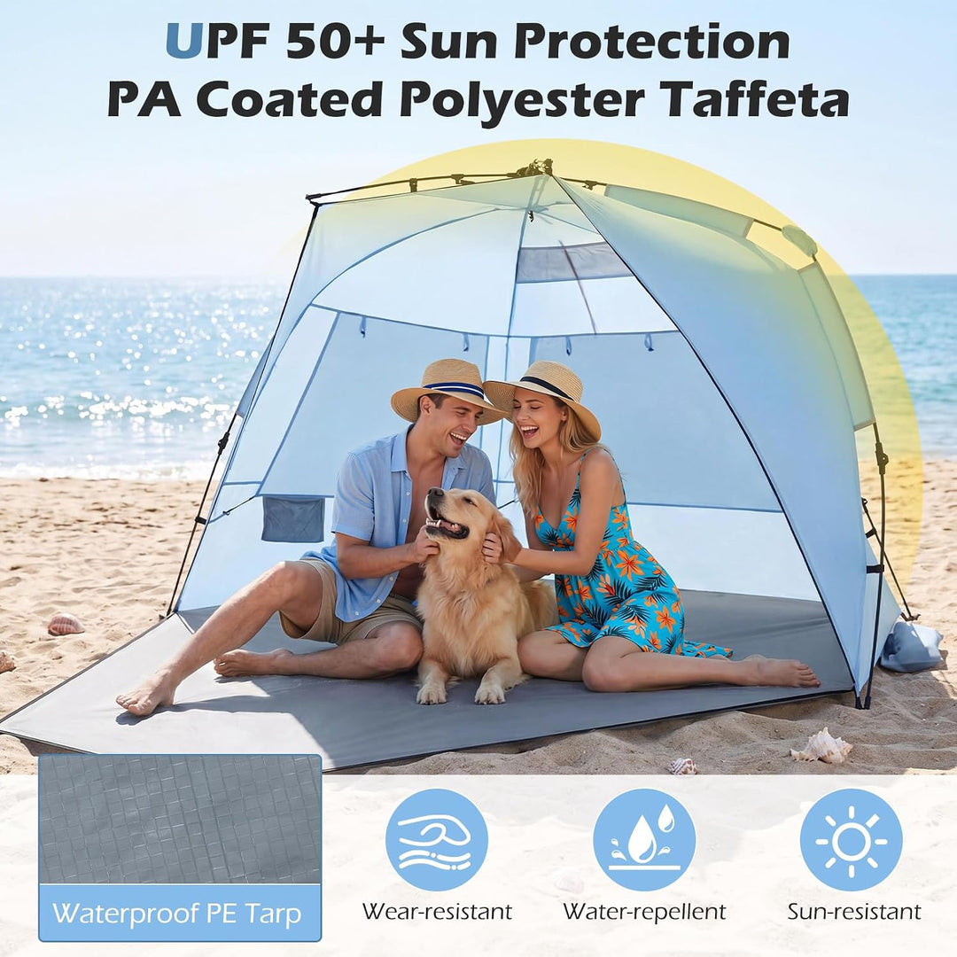 FANTASK Quick Up Strandmuschel, 3-4 Personen Strandzelt mit Reissverschlusstür &amp; 4 Mesh-Fenstern, V-