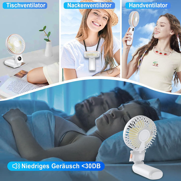 Handventilator mit LED-Anzeige, 5200 mAh Akku Aufladbar, Tragbarer Mini Ventilator mit Trageband, 6