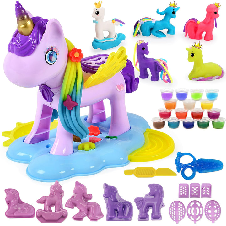 Einhorn Knete Set Kinder 36 Stück mit 16 Dosen Knetmasse, Knetezubehör Einhorn mit Frisur & Formen,