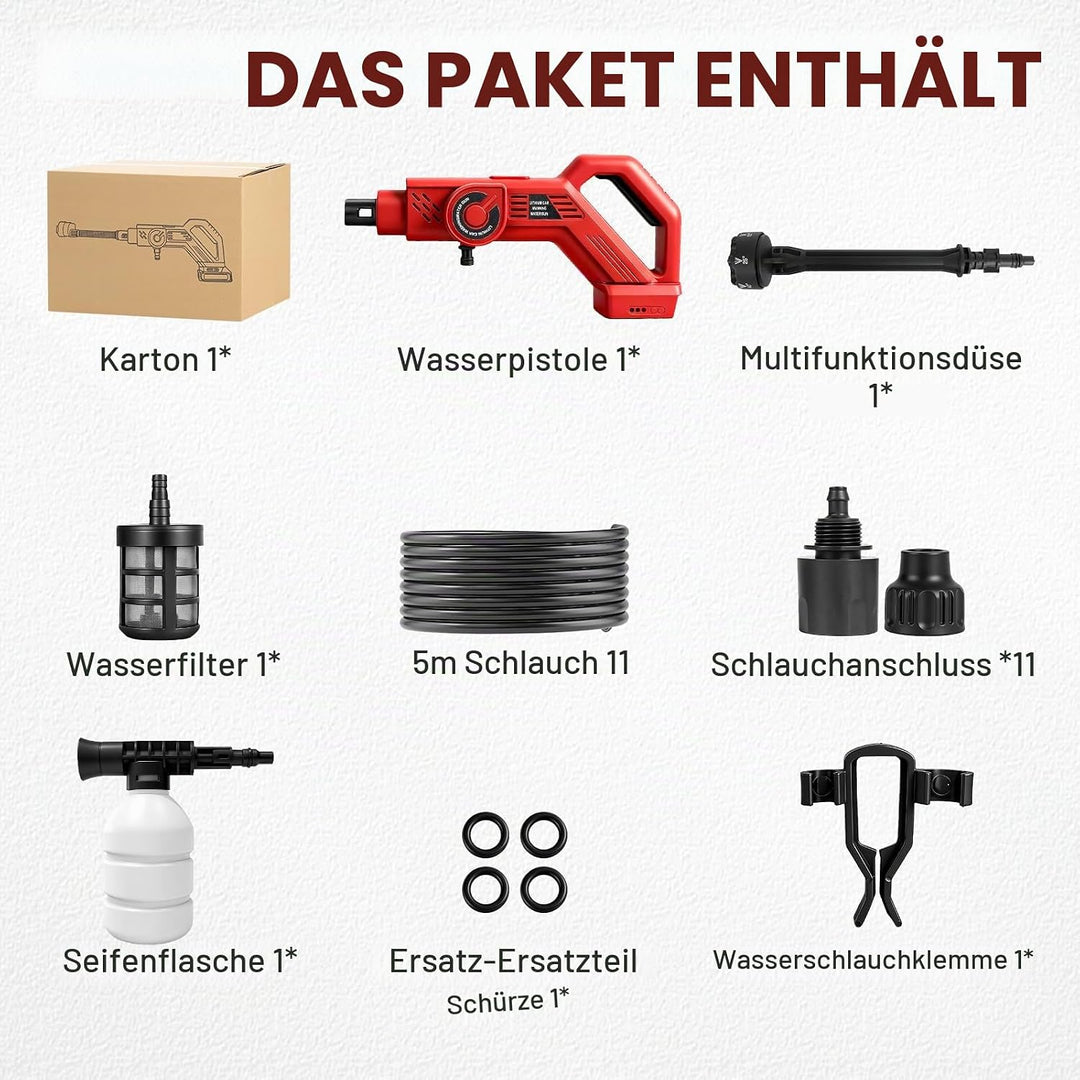Akku Hochdruckreiniger für Milwaukee 18V Akkus (Ohne Akku), Bürstenloser Motor 6-in-1 Düse, Nylon Ge