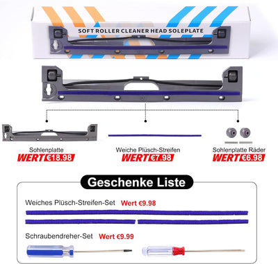 Bodenplatte + weiche Plüschstreifen + Rollen kompatibel mit Dyson V6 V7 V8 V10 V11 Weiche Rolle Stau