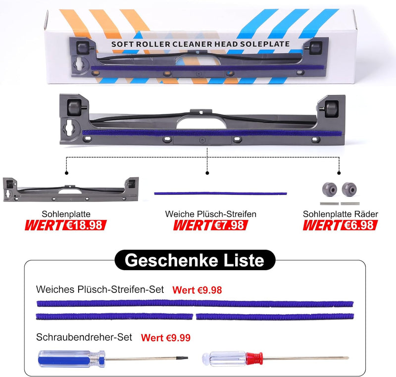 Bodenplatte + weiche Plüschstreifen + Rollen kompatibel mit Dyson V6 V7 V8 V10 V11 Weiche Rolle Stau