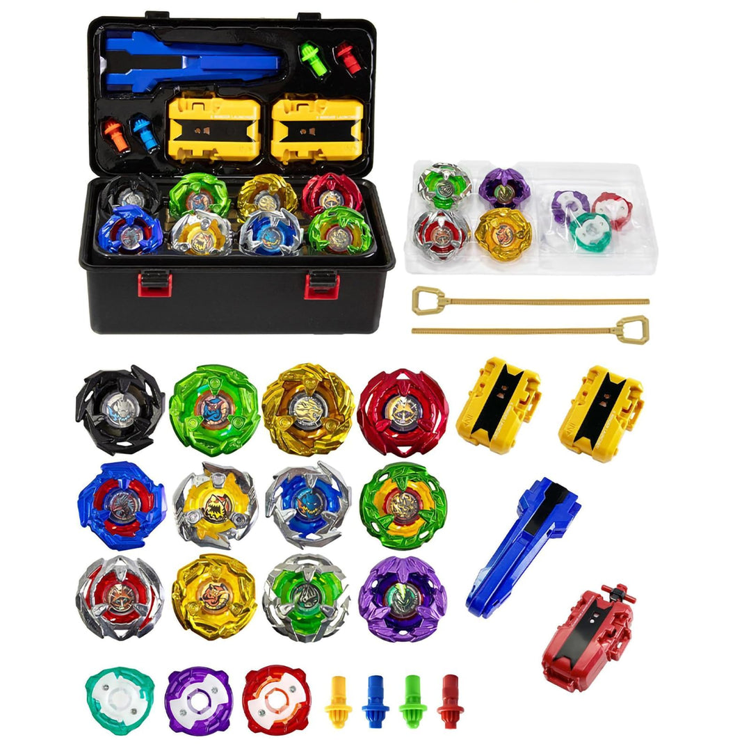 Battling Tops, 12 Kreisel, 3 Werfer, 1 Griff, 3 Mittelringe und 4 Basen, mit Aufbewahrungsbox, Gebur