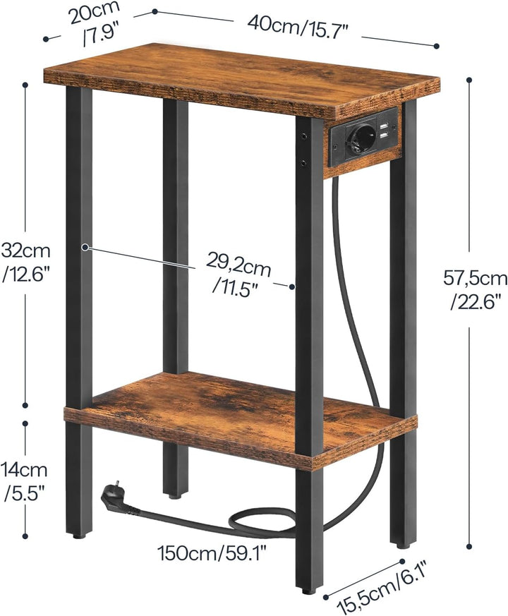 HOOBRO Schmaler Beistelltisch mit 2 Ebenen, Sofatisch Ladestation, Nachttisch mit Ablage, Couchtisch