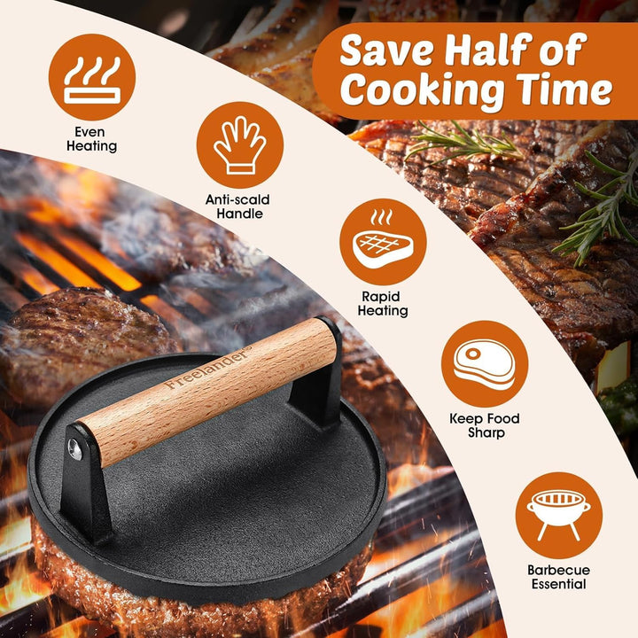 Freelander Burger Smasher Gusseisen, Gross Smash Burger Press Rund 1kg mit Hitzeabweisendem Griff, G