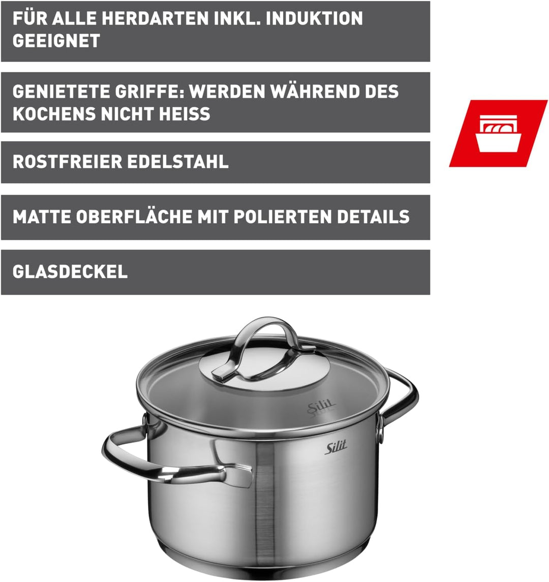 Silit Achat Kochtopf klein 16cm, Glasdeckel, Fleischtopf Induktion 1,9l, Edelstahl teilmattiert, unb