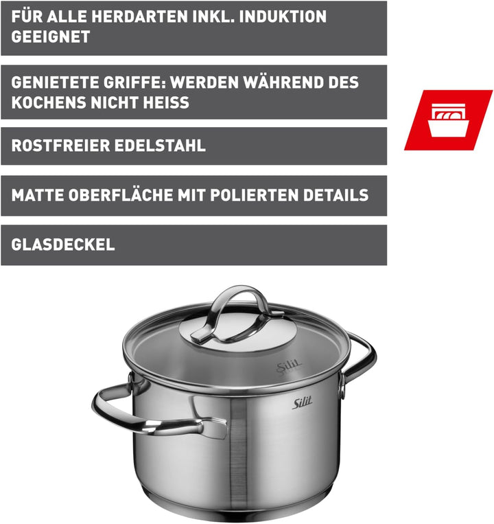 Silit Achat Kochtopf klein 16cm, Glasdeckel, Fleischtopf Induktion 1,9l, Edelstahl teilmattiert, unb