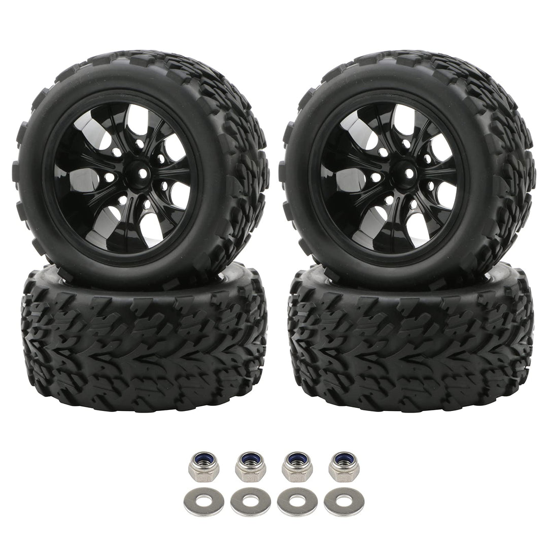 Pxyelec Gummireifen für Monster Truck 1:10 RC Auto Rad Typ Reifen mit 7 Speichen Felge Schwarz RC Te