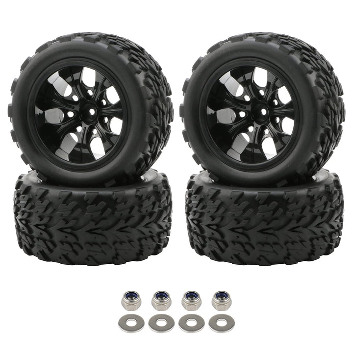 Pxyelec Gummireifen für Monster Truck 1:10 RC Auto Rad Typ Reifen mit 7 Speichen Felge Schwarz RC Te