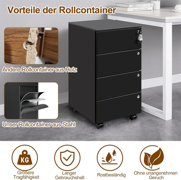 Rollcontainer, Mobiler Aktenschrank mit 4 Schlössern, 4 Schlüssel, 4 Schubladen, Rollcontainer Schre
