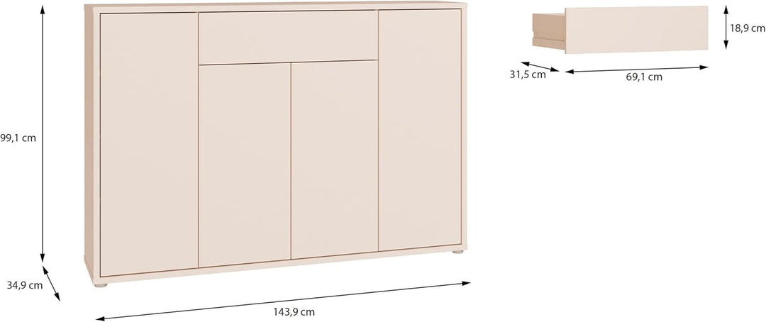 Forte Alice Springs Schuhschrank 150, modern-minimalistisch, 4-türig, 1 Schublade, Flur, Holzwerksto
