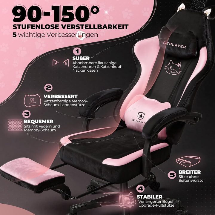 GTPLAYER Niedlicher Gaming Stuhl mit Samtstoff, Gaming Chair, ergonomischer Bürostuhl Gamer Stuhl mi