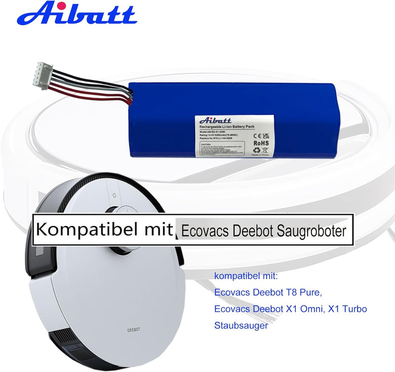 Aibatt 14.8V 5200mAh Li-lon Akku, Ersatzakku für Ecovacs Deebot T8 Pure,T8+, Deebot T9, Deebot T10,