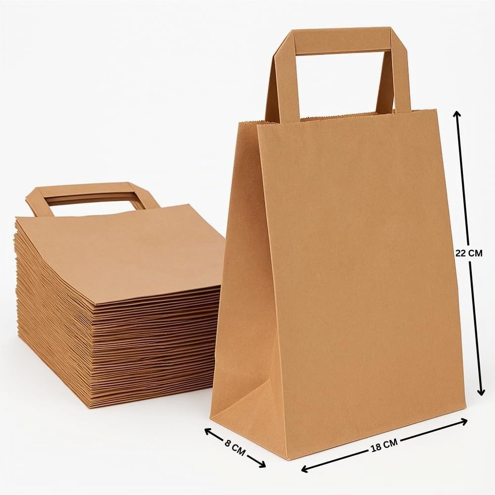 Commerline Papiertragetaschen 18+8x22cm 250 Stück | Braun Papiertüten | Kraftpapier Tüten mit Henkel