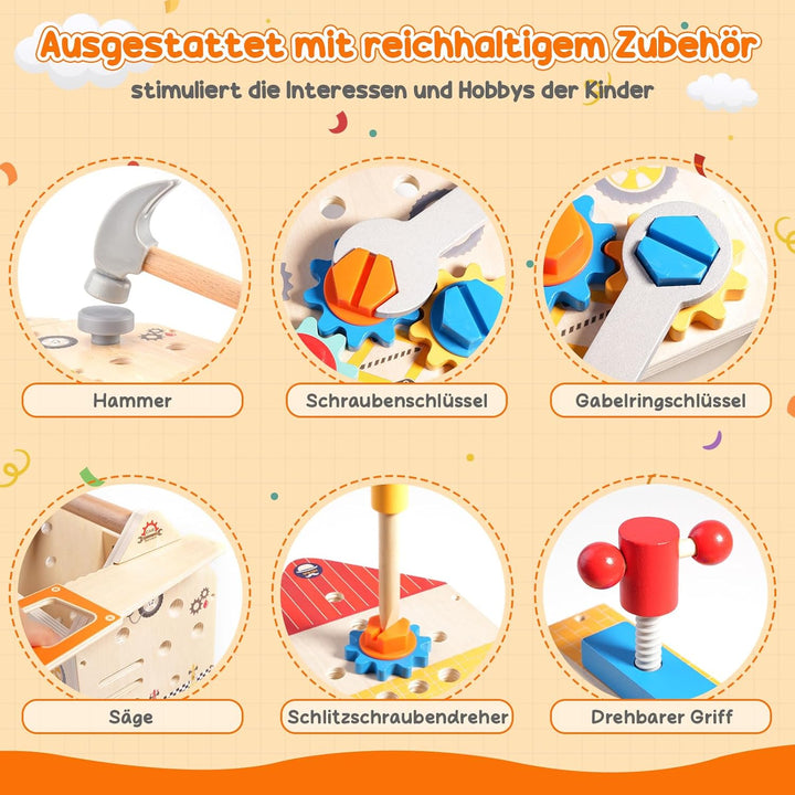 Werkzeugkoffer Kinder – Montessori Werkzeugkoffer Holz –Holzspielzeug Werkzeugkasten für Kinder ab 3