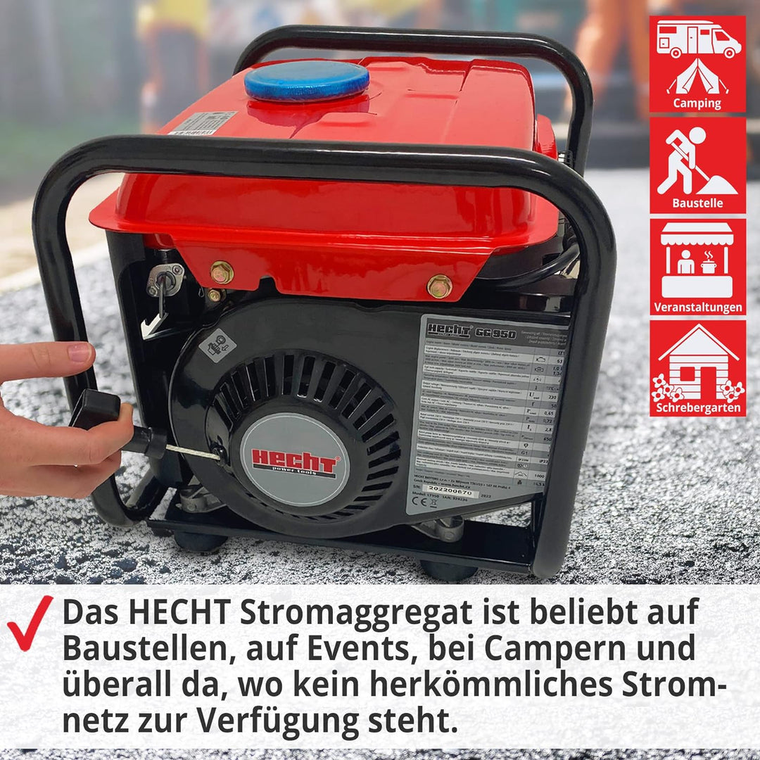 HECHT Stromgenerator – 720 Watt – 2-Takt Motor – 230V Steckdose – Stromaggregat mit robustem Trage-