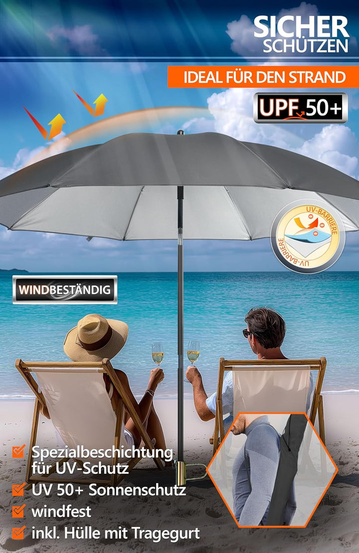 4smile Sonnenschirm Strand SunnyJoy in Anthrazit, 3er Set - Strandschirm windfest stabil + Rasendorn