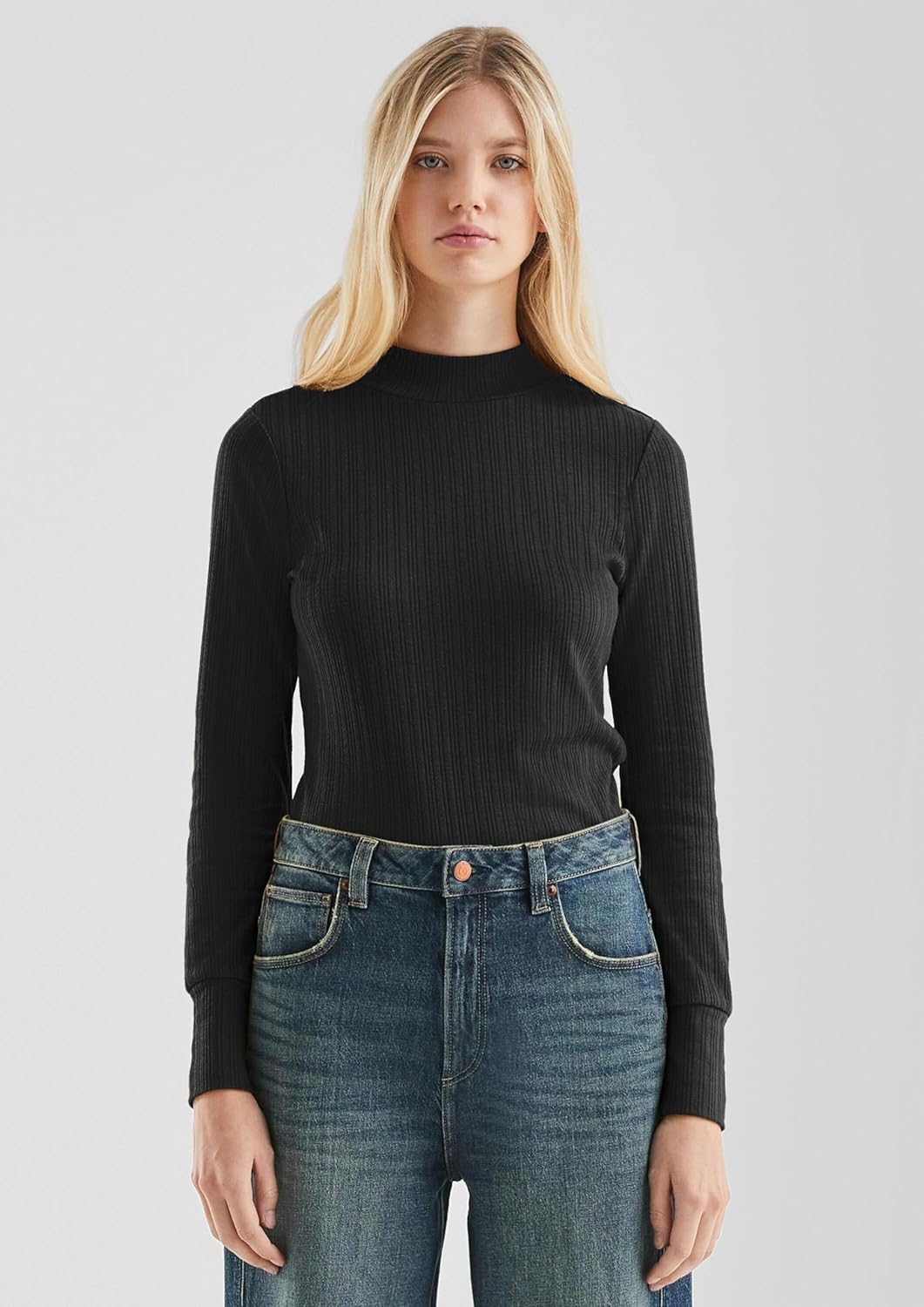 QS Damen Geripptes Langarmshirt T-Shirt Langarm, Slim Fit L 9999_schwarz, L 9999_schwarz