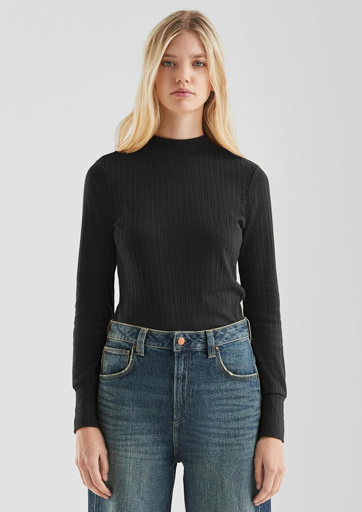 QS Damen Geripptes Langarmshirt T-Shirt Langarm, Slim Fit L 9999_schwarz, L 9999_schwarz