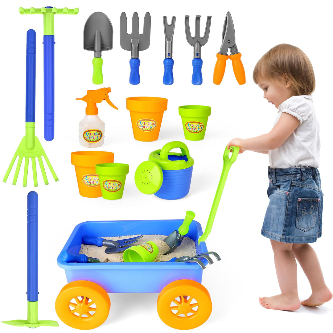 deAO Gartenset mit Schubkarre Kinder, Schaufel, Rechen, Blumentöpfe, Giesskanne Usw, 14Pcs Kinder Ga