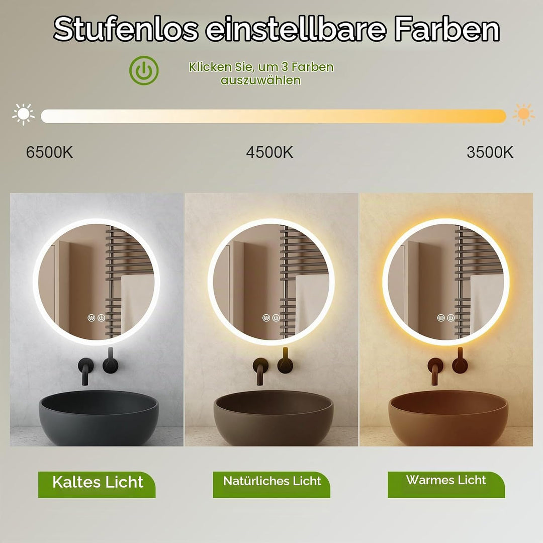 Trintion Spiegel mit Beleuchtung, 50cm Rund LED Spiegel mit Touch-Schalter, Dimmbar, 3 Lichtfarbe Ei