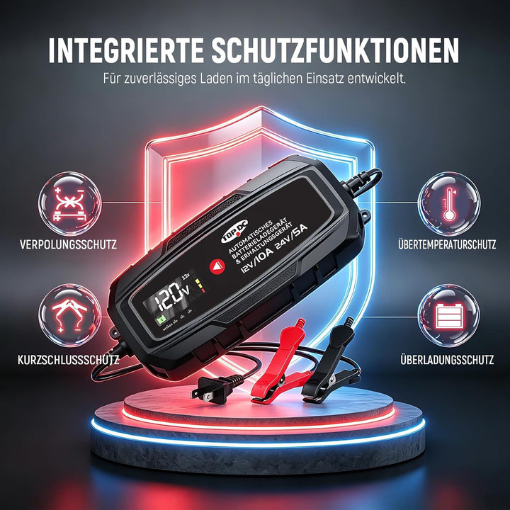 TOPDC 10A 12V/24V Smartes Batterielade- &amp; Erhaltungsgerät