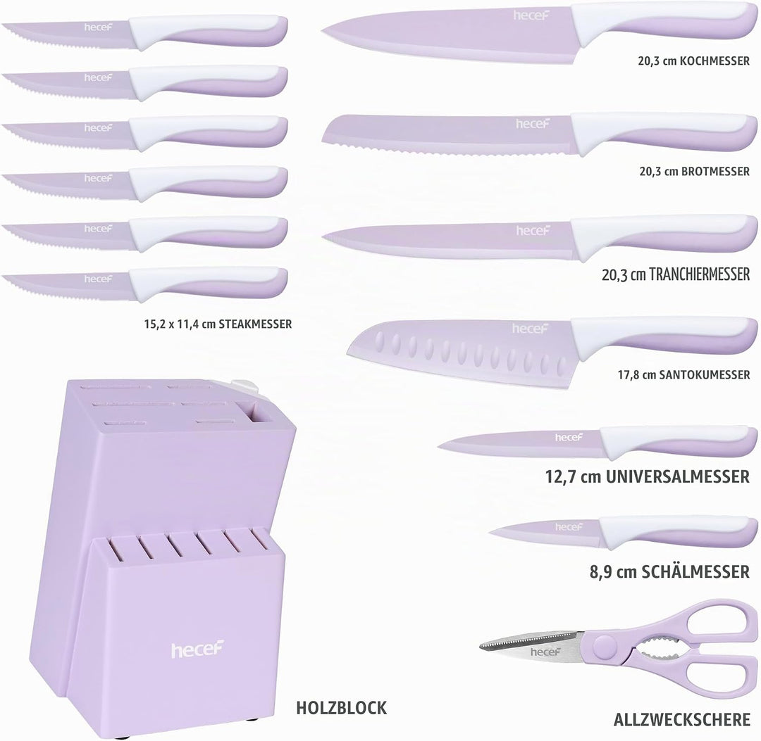 hecef 14-teilig Messerblock mit Messer, Lila, Antihaft-Beschichtung – Spülmaschinenfest, Messerblock