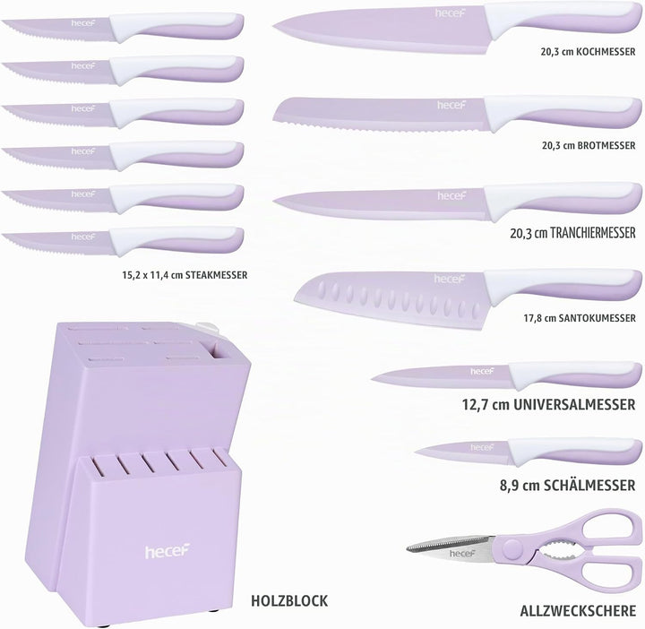 hecef 14-teilig Messerblock mit Messer, Lila, Antihaft-Beschichtung – Spülmaschinenfest, Messerblock