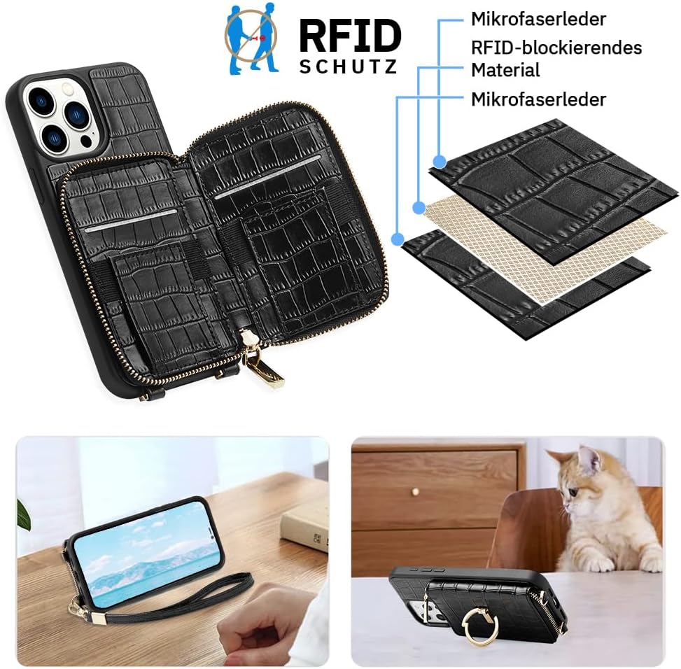 CUSTYPE Für iPhone 15 Pro Hülle Mit Band, Mikrofaserleder Handyhülle Mit Geldbörse Und Ständer, Hand