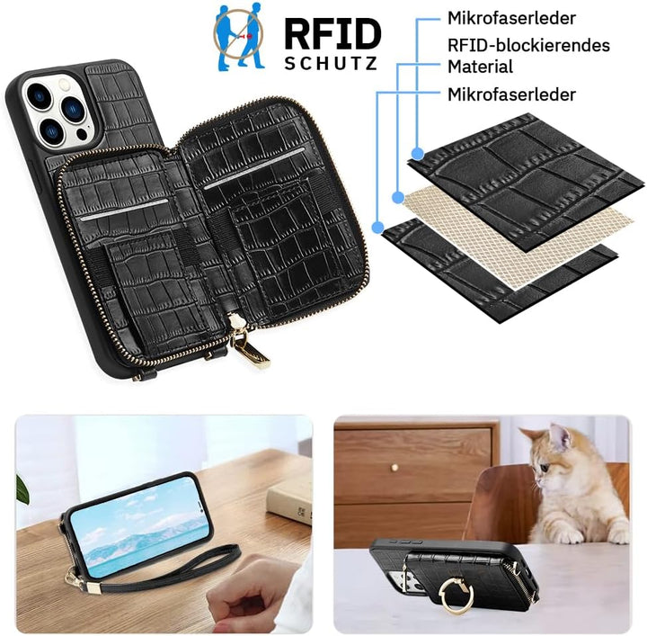 CUSTYPE Für iPhone 15 Pro Hülle Mit Band, Mikrofaserleder Handyhülle Mit Geldbörse Und Ständer, Hand
