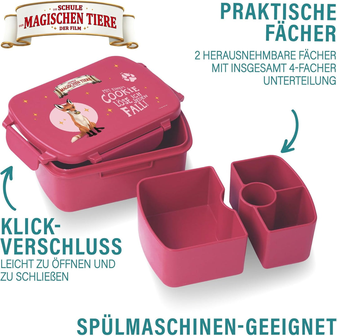 AWAVE Die Schule der Magischen Tiere Brotdose Kinder mit Fächern rPET Beerenrot Rabbat Snackbox 1 L