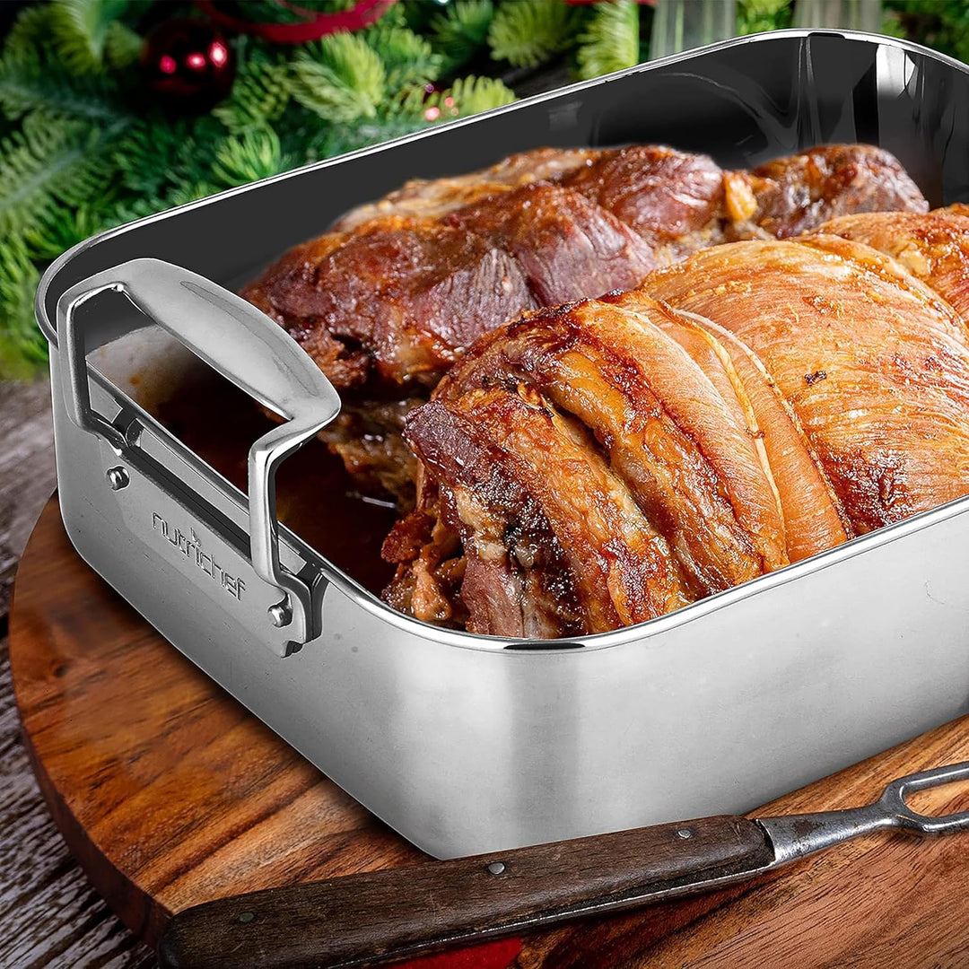 NutriChef Bräter, 38x29.5cm- Bräter mit Deckel- & Breitem Griff, Schmortopf- für Backofen & Spülmasc
