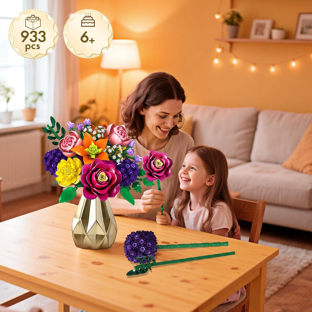 KOJAYHOL Blumen Steine Set, 933 Teile Künstlicher Blumenstrauss, Ewig Blühendes DIY Bausatz, Einziga