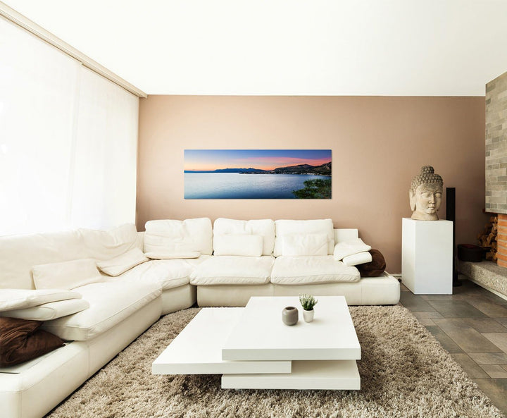 Paul Sinus Art Panoramabild auf Leinwand und Keilrahmen 150x50cm Italien Sizilien Meer Küste Dämmeru