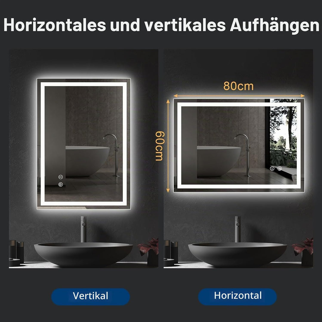 Spiegel Mit Beleuchtung,80x60 cm Badspiegel Mit Beleuchtung Mit Touch-Schalter Beschlagfrei, 3 Licht