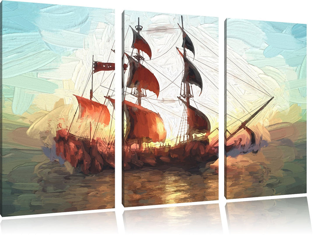 Pixxprint Segelschiff 3Teiler 120x80 cm Leinwandbild Wandbild Kunstdruck
