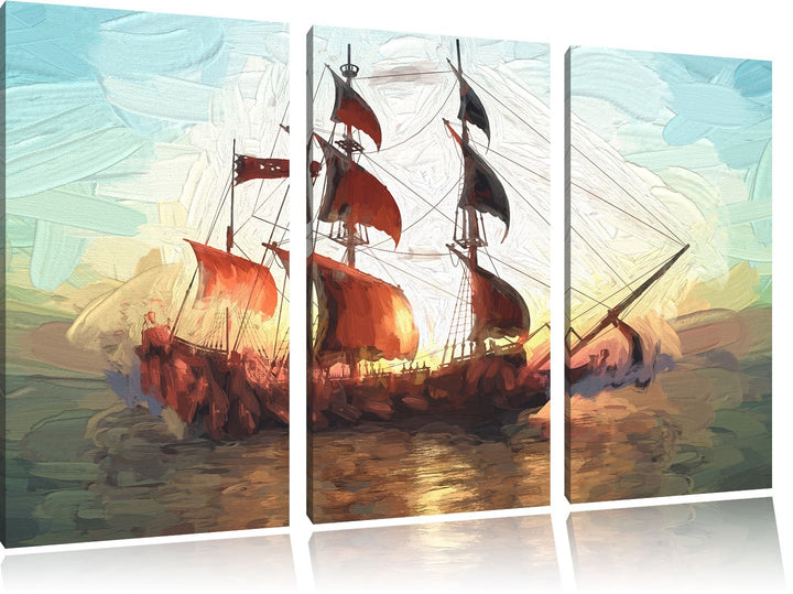 Pixxprint Segelschiff 3Teiler 120x80 cm Leinwandbild Wandbild Kunstdruck