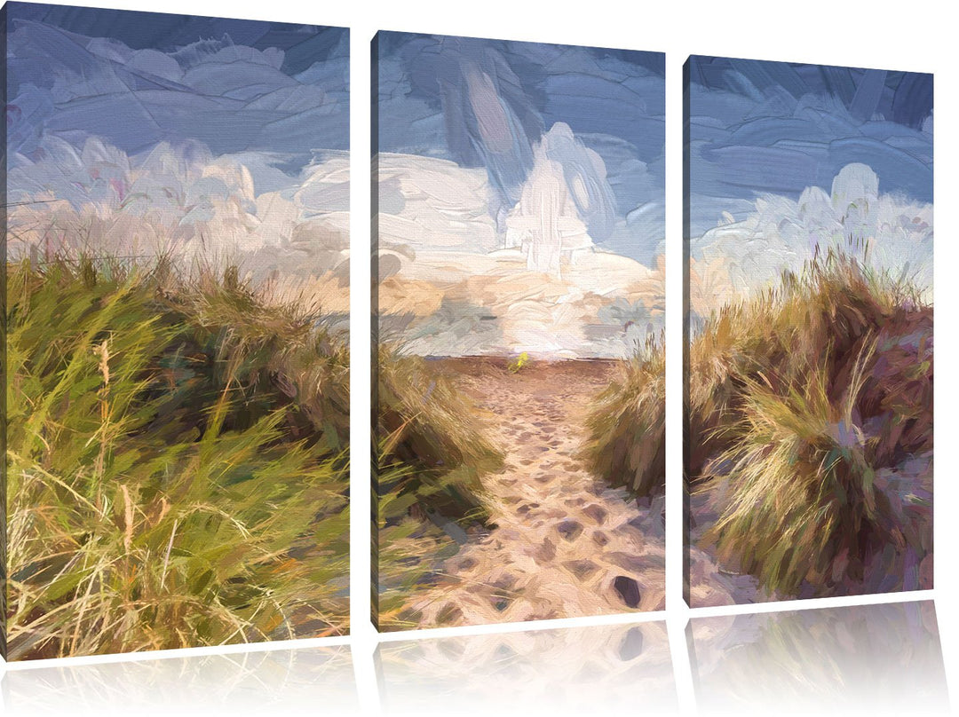 Pixxprint der Weg ins Meer Kunst Pinsel Effekt 3-Teiler Leinwandbild 120x80 Bild auf Leinwand